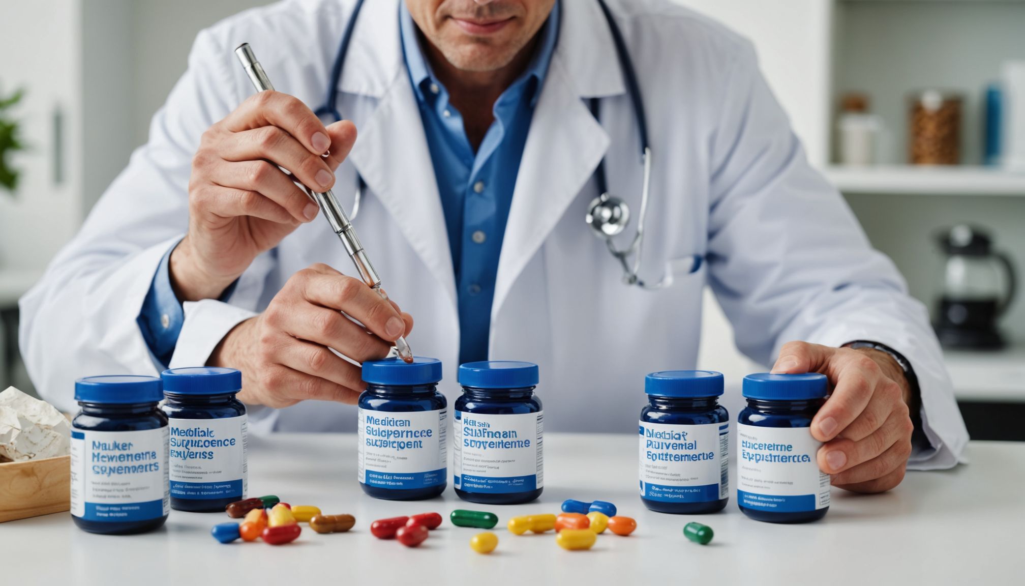 Educational infographic-style illustration about men's sexual health supplements, showing benefits, risks, and when to consult a doctor